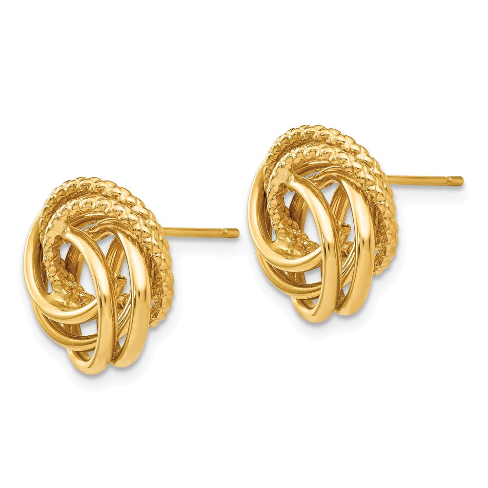 Alternate view of the 13mm Polished and Textured Love Knot Earrings in 14k Yellow Gold by The Black Bow Jewelry Co.