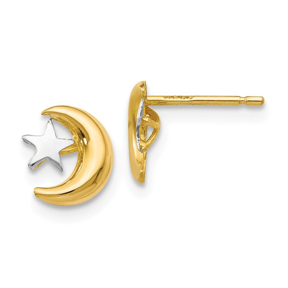 8mm Two Tone Moon and Star Post Earrings in 14k Gold and Rhodium, Item E10567 by The Black Bow Jewelry Co.