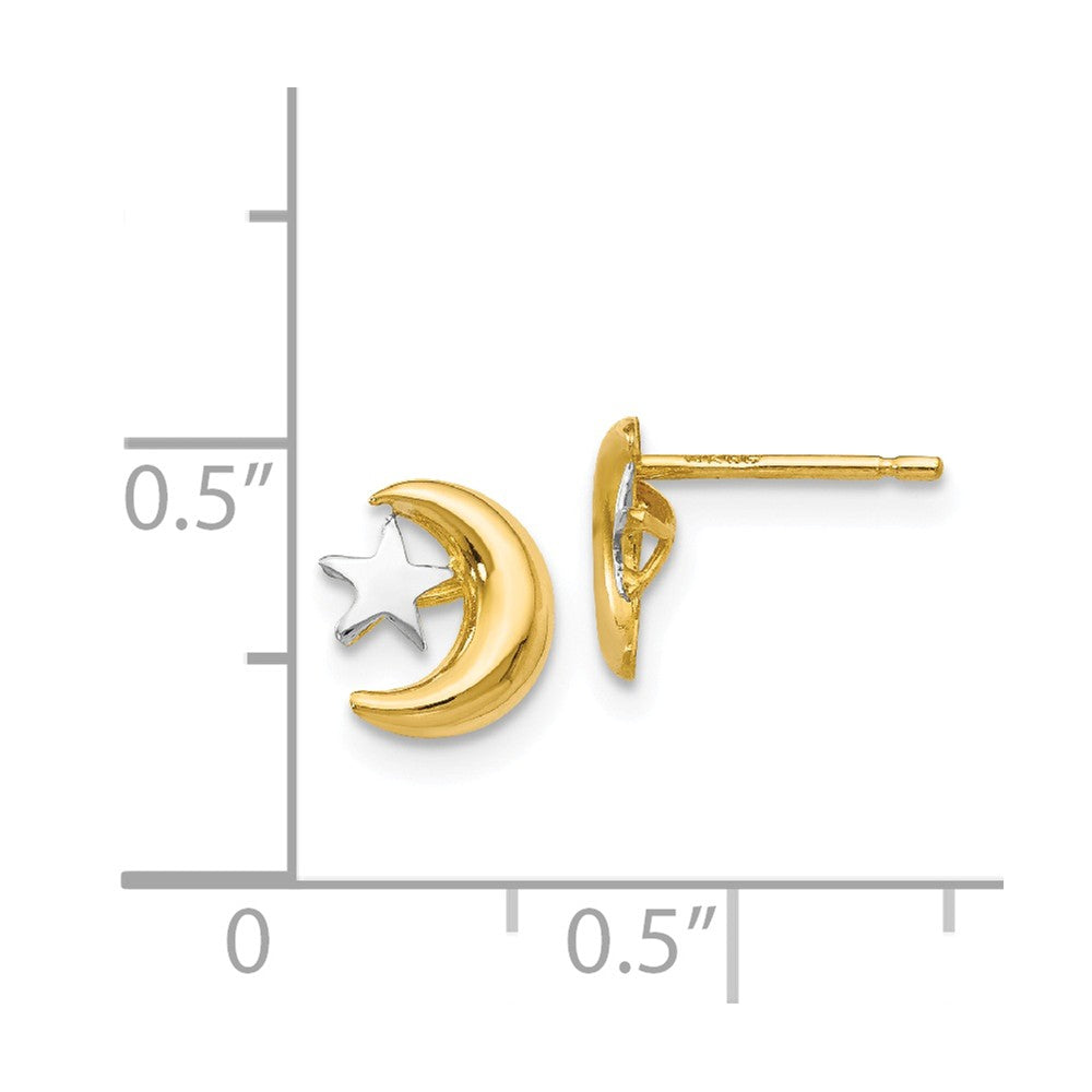 Alternate view of the 8mm Two Tone Moon and Star Post Earrings in 14k Gold and Rhodium by The Black Bow Jewelry Co.
