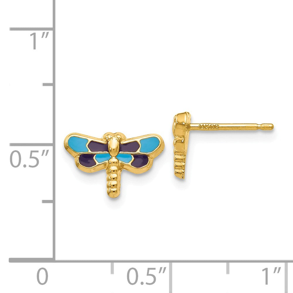 Alternate view of the Kids 10mm Blue Dragonfly Post Earrings in 14k Yellow Gold and Enamel by The Black Bow Jewelry Co.