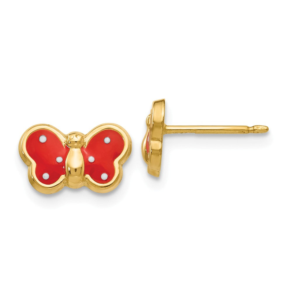 Kids 10mm Red Butterfly Post Earrings in 14k Yellow Gold and Enamel, Item E10574 by The Black Bow Jewelry Co.