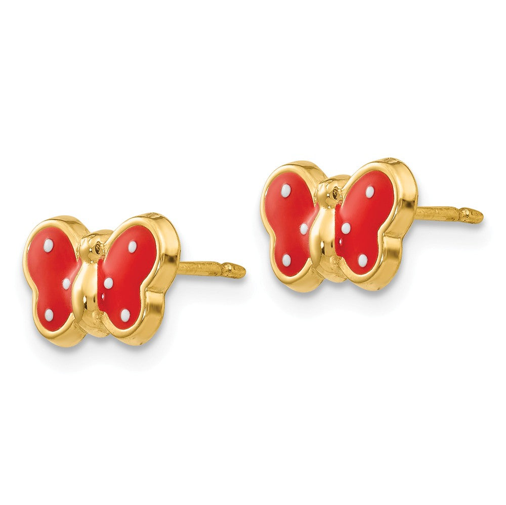 Alternate view of the Kids 10mm Red Butterfly Post Earrings in 14k Yellow Gold and Enamel by The Black Bow Jewelry Co.