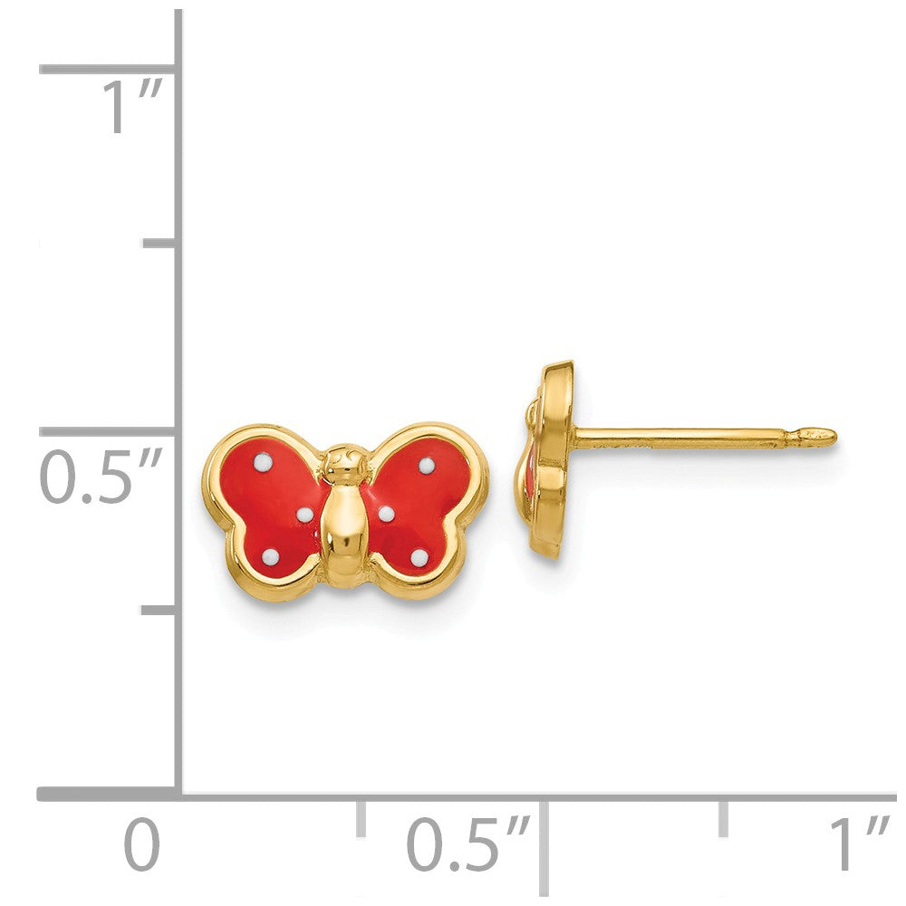 Alternate view of the Kids 10mm Red Butterfly Post Earrings in 14k Yellow Gold and Enamel by The Black Bow Jewelry Co.