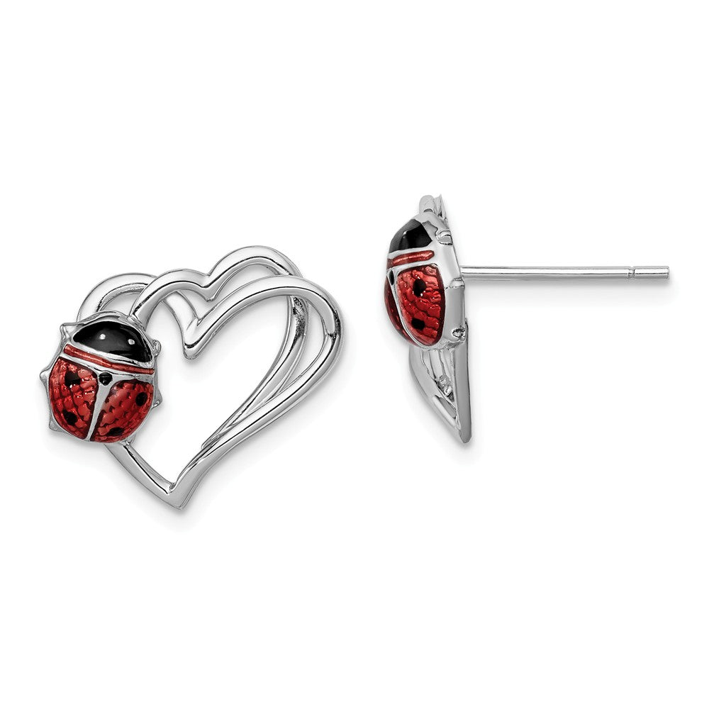 15mm Heart and Enameled Ladybug Post Earrings in Sterling Silver, Item E10579 by The Black Bow Jewelry Co.