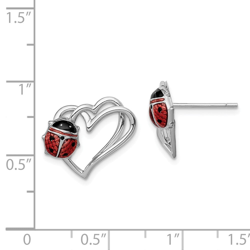 Alternate view of the 15mm Heart and Enameled Ladybug Post Earrings in Sterling Silver by The Black Bow Jewelry Co.