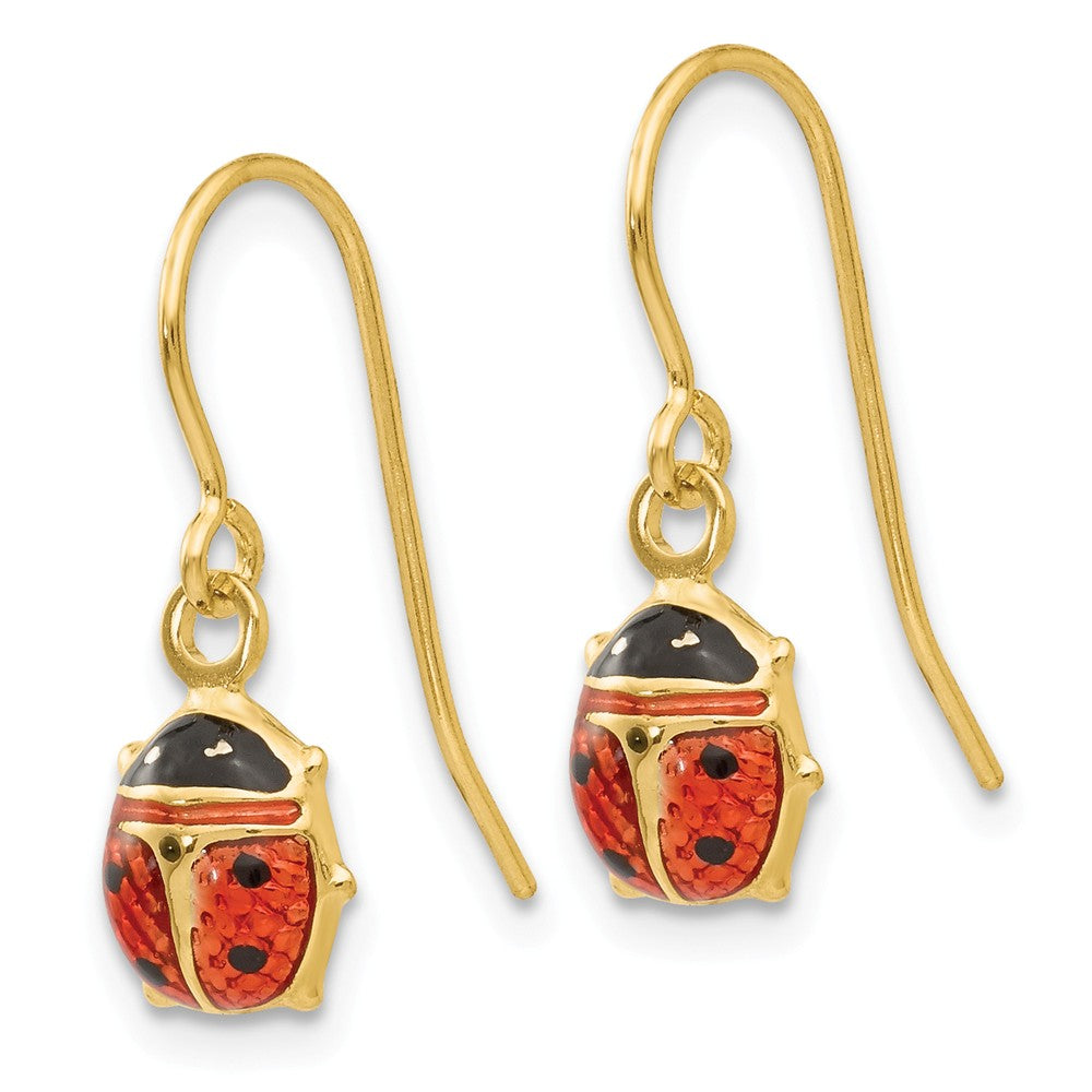 Alternate view of the 7mm Enameled Ladybug Dangle Earrings in 14k Yellow Gold by The Black Bow Jewelry Co.