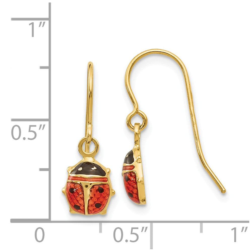 Alternate view of the 7mm Enameled Ladybug Dangle Earrings in 14k Yellow Gold by The Black Bow Jewelry Co.