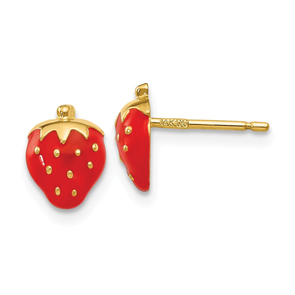 8mm Red Strawberry Post Earrings in 14k Yellow Gold and Enamel, Item E10583 by The Black Bow Jewelry Co.