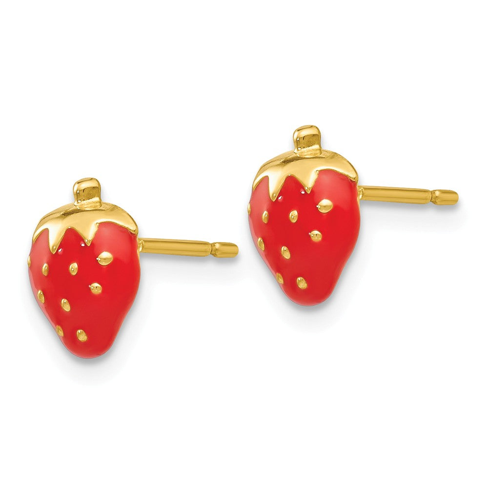 Alternate view of the 8mm Red Strawberry Post Earrings in 14k Yellow Gold and Enamel by The Black Bow Jewelry Co.