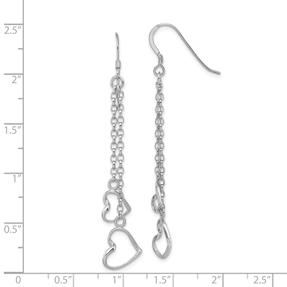 Alternate view of the Double Open Heart Chain Dangle Earrings in Sterling Silver by The Black Bow Jewelry Co.