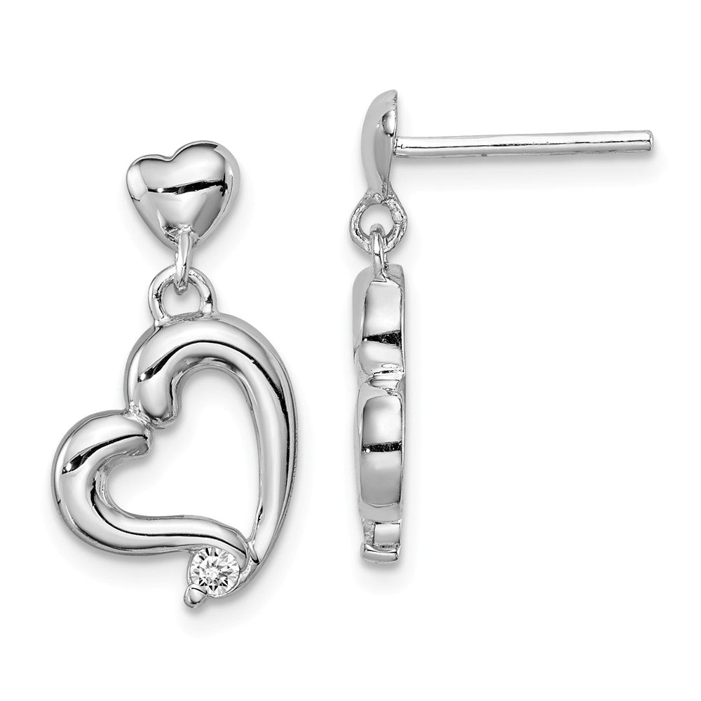 Polished CZ Accent Heart Dangle Post Earrings in Sterling Silver, Item E10603 by The Black Bow Jewelry Co.