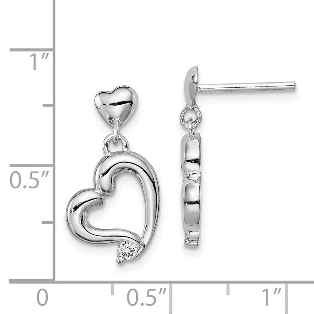 Alternate view of the Polished CZ Accent Heart Dangle Post Earrings in Sterling Silver by The Black Bow Jewelry Co.