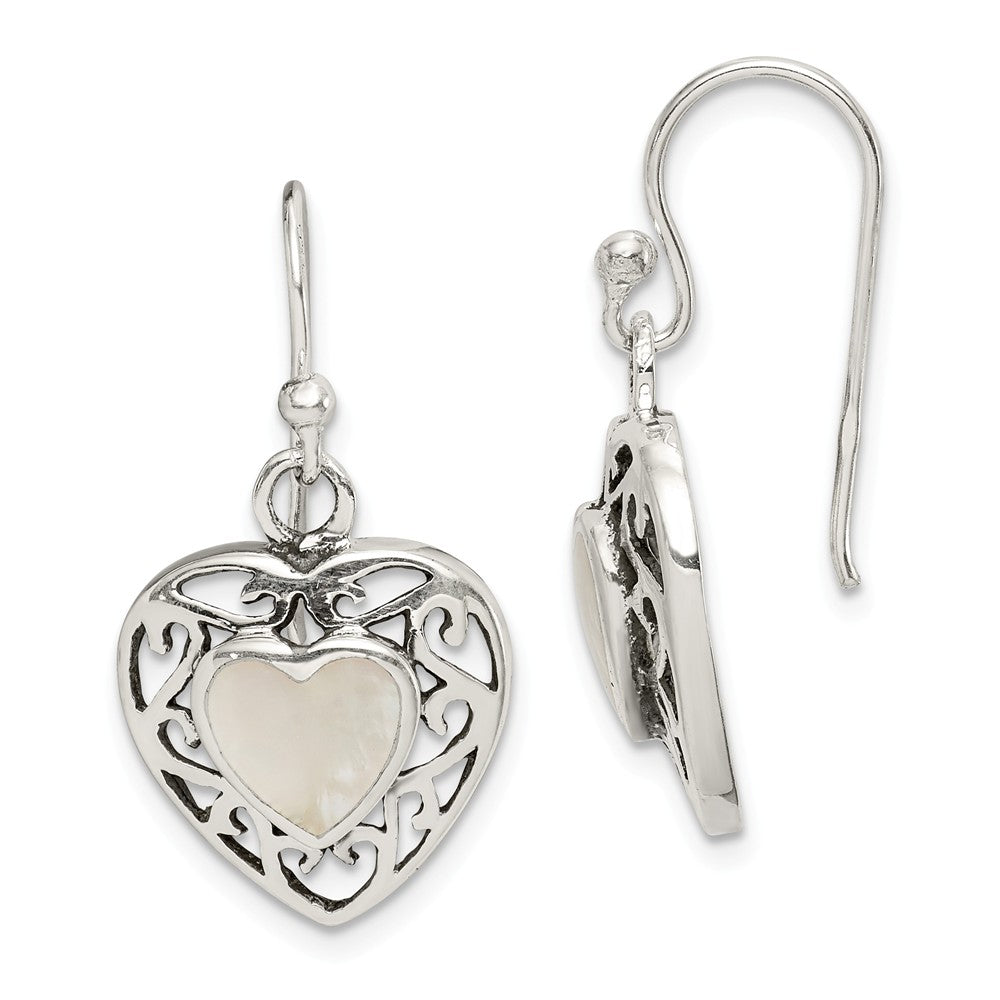14mm Mother of Pearl Heart Dangle Earrings in Antiqued Sterling Silver, Item E10604 by The Black Bow Jewelry Co.