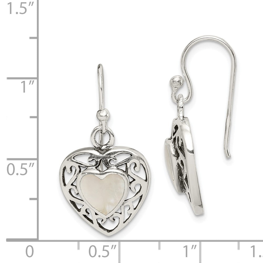 Alternate view of the 14mm Mother of Pearl Heart Dangle Earrings in Antiqued Sterling Silver by The Black Bow Jewelry Co.