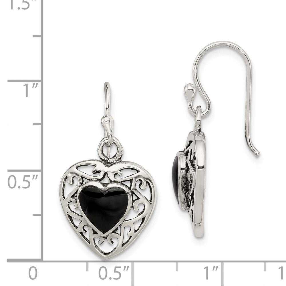 Alternate view of the 14mm Black Onyx Heart Dangle Earrings in Antiqued Sterling Silver by The Black Bow Jewelry Co.