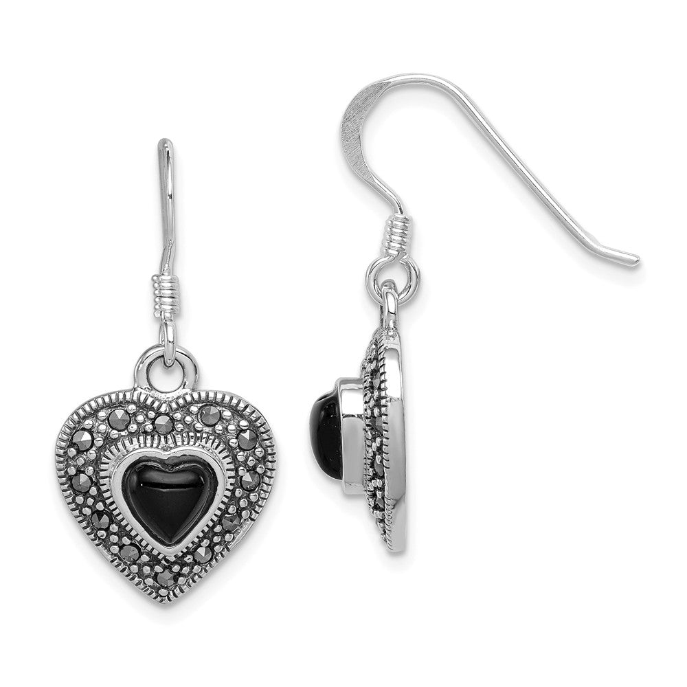 13mm Onyx and Marcasite Heart Dangle Earrings in Sterling Silver, Item E10609 by The Black Bow Jewelry Co.
