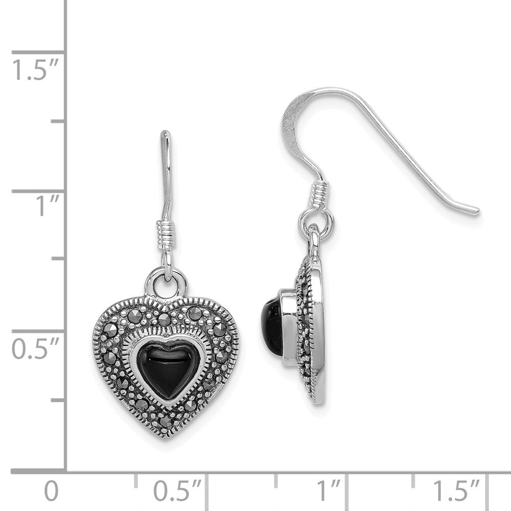 Alternate view of the 13mm Onyx and Marcasite Heart Dangle Earrings in Sterling Silver by The Black Bow Jewelry Co.