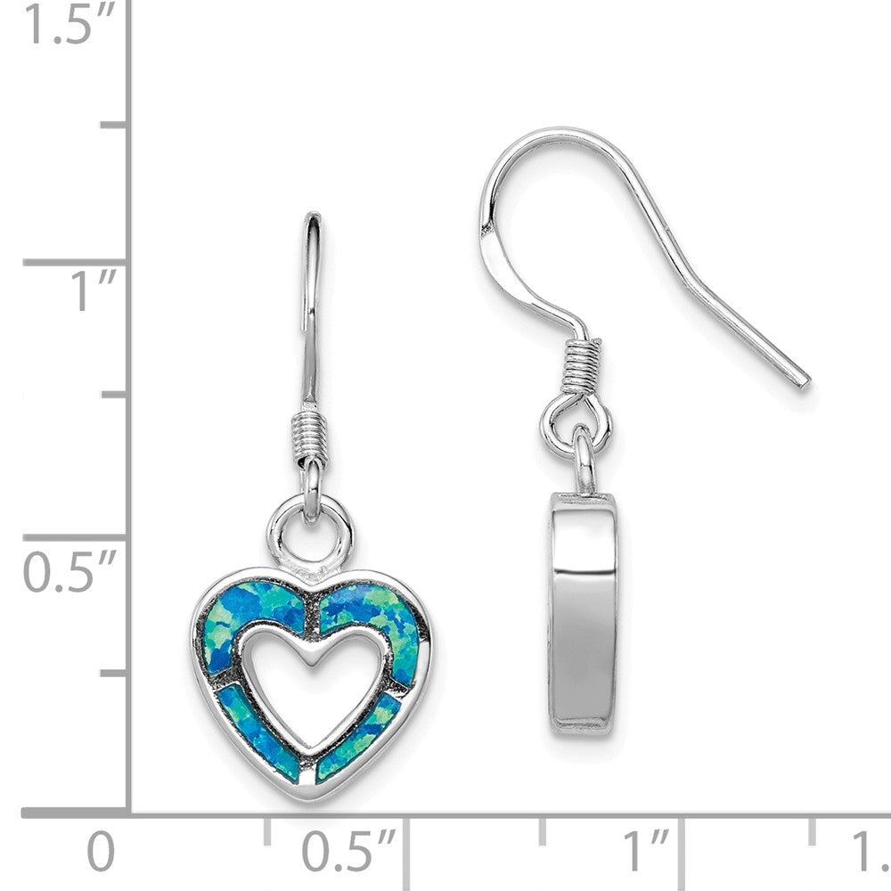Alternate view of the 10mm Blue Inlay Created Opal Heart Dangle Earrings in Sterling Silver by The Black Bow Jewelry Co.