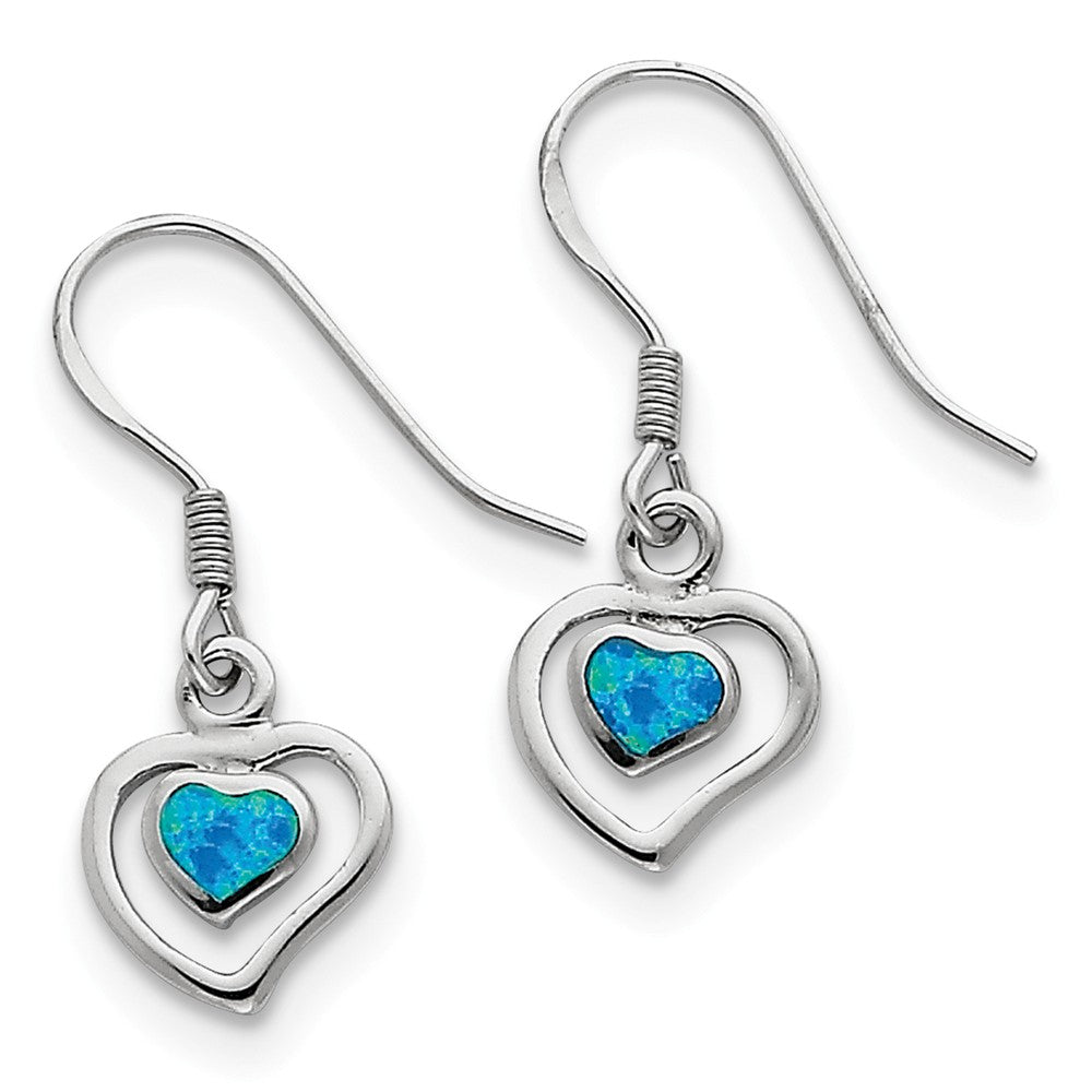 10mm Created Blue Opal Double Heart Dangle Earrings in Sterling Silver, Item E10611 by The Black Bow Jewelry Co.