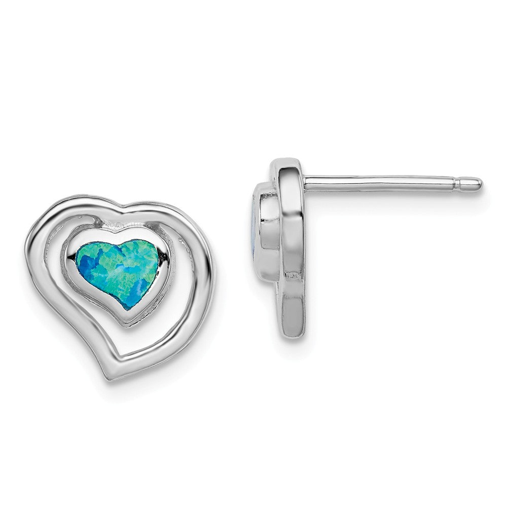 10mm Created Blue Opal Double Heart Post Earrings in Sterling Silver, Item E10613 by The Black Bow Jewelry Co.