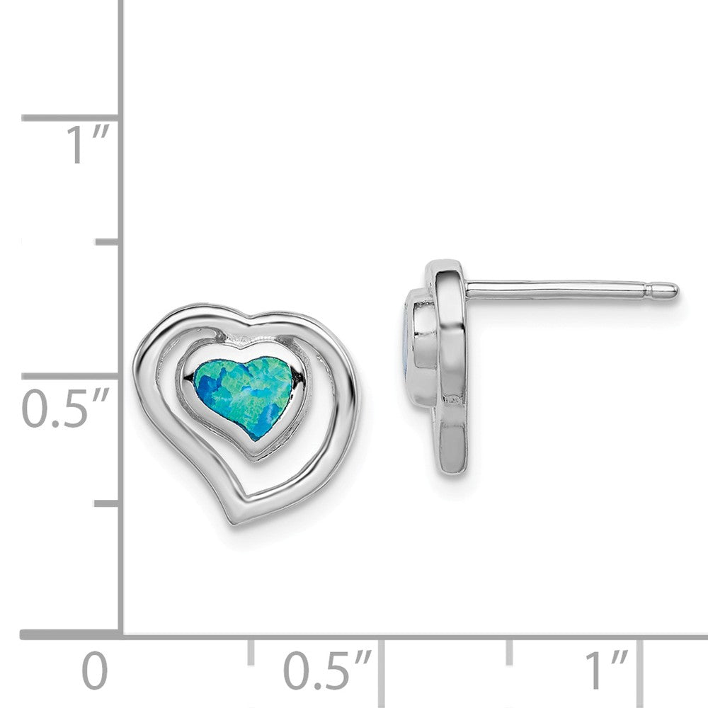 Alternate view of the 10mm Created Blue Opal Double Heart Post Earrings in Sterling Silver by The Black Bow Jewelry Co.