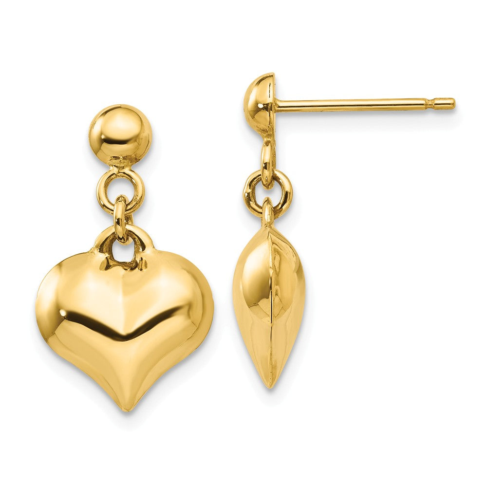 11mm Puffed Heart Dangle Post Earrings in 14k Yellow Gold, Item E10642 by The Black Bow Jewelry Co.