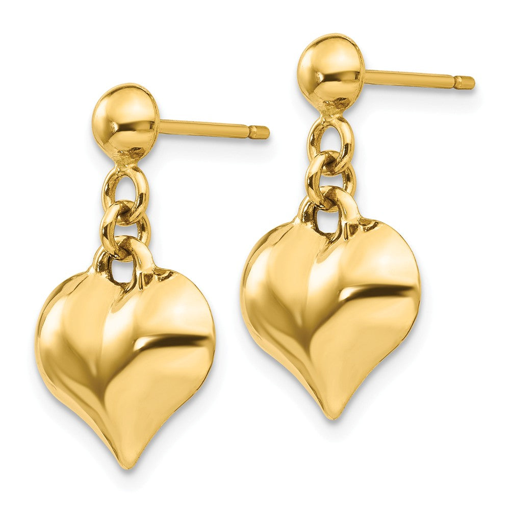 Alternate view of the 11mm Puffed Heart Dangle Post Earrings in 14k Yellow Gold by The Black Bow Jewelry Co.