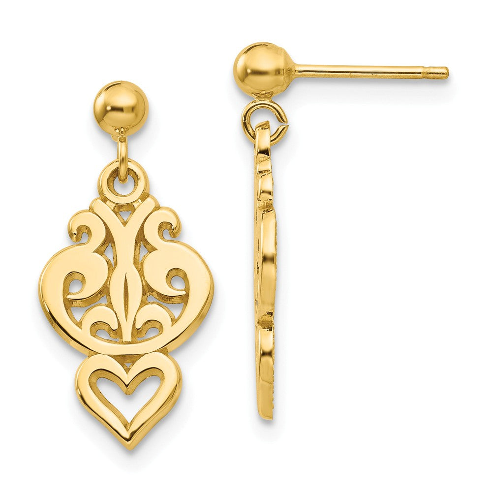 Small Filigree Heart Dangle Post Earrings in 14k Yellow Gold, Item E10643 by The Black Bow Jewelry Co.