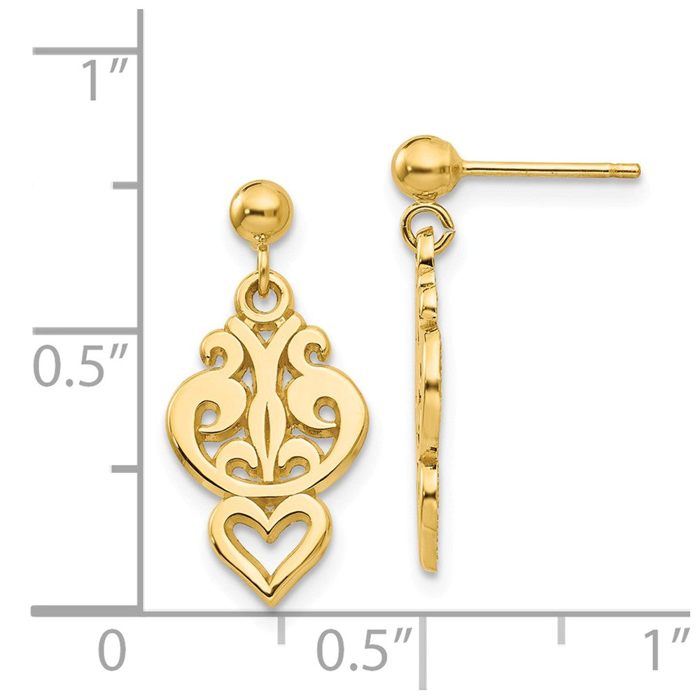 Alternate view of the Small Filigree Heart Dangle Post Earrings in 14k Yellow Gold by The Black Bow Jewelry Co.