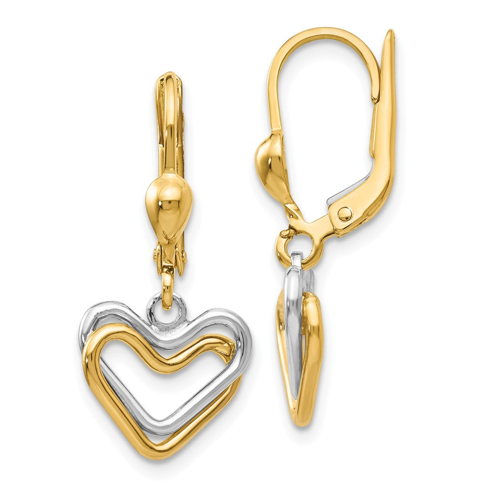 Two Tone Double Heart Lever Back Earrings in 14k Gold, Item E10645 by The Black Bow Jewelry Co.