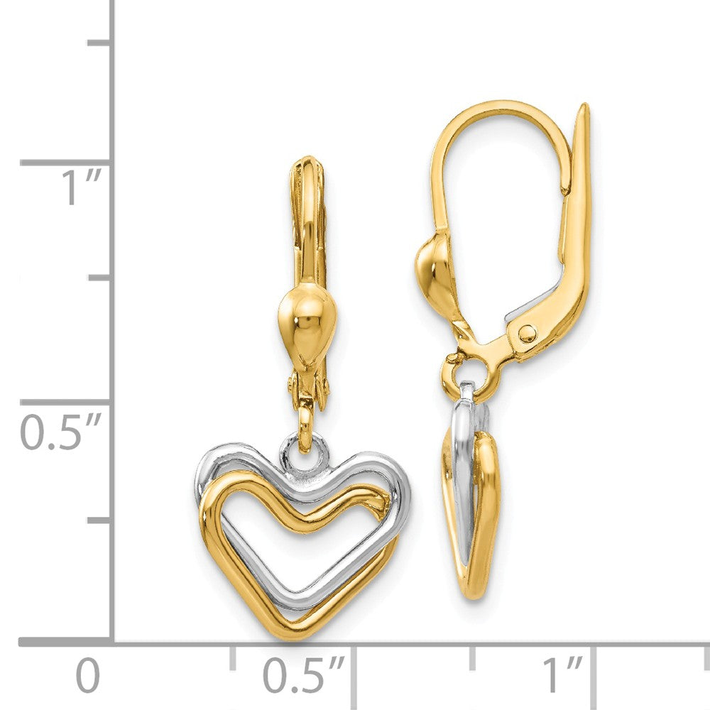 Alternate view of the Two Tone Double Heart Lever Back Earrings in 14k Gold by The Black Bow Jewelry Co.