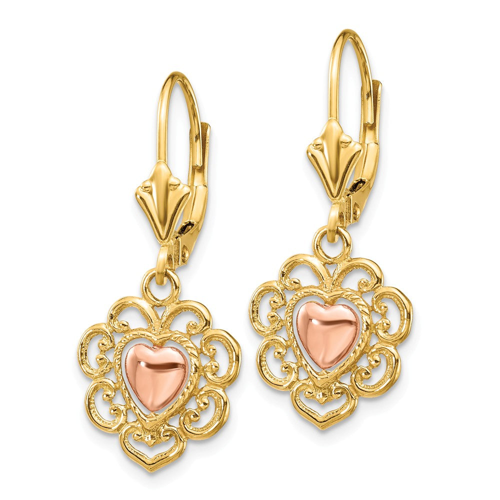 Alternate view of the Lace Fringe Heart Lever Back Earrings in 14k Two Tone Gold by The Black Bow Jewelry Co.