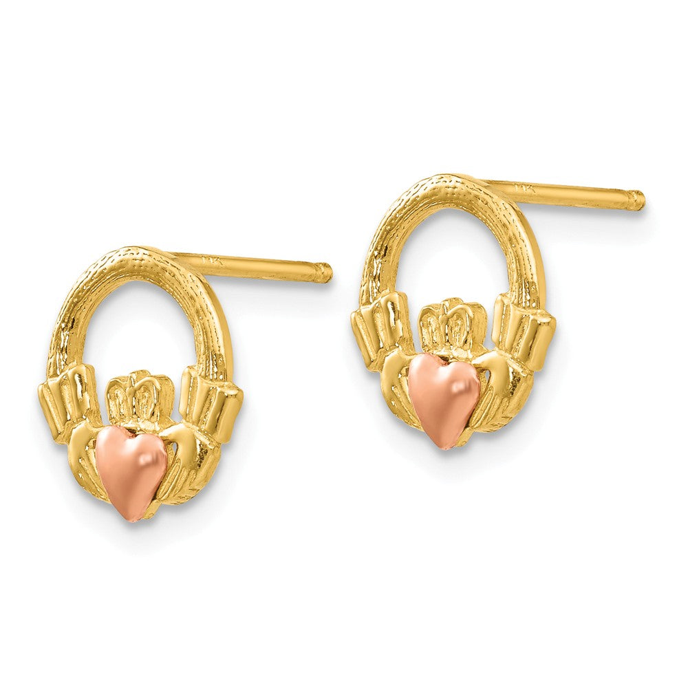 Alternate view of the 9mm Two Tone Claddagh Post Earrings in 14k Yellow and Rose Gold by The Black Bow Jewelry Co.