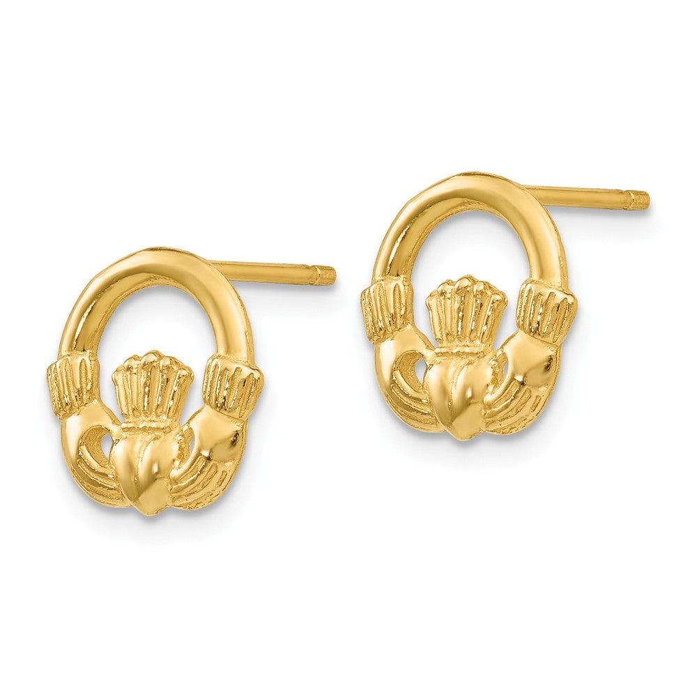 Alternate view of the 10mm Claddagh Post Earrings in 14k Yellow Gold by The Black Bow Jewelry Co.