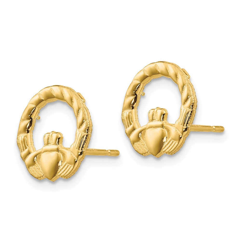 Alternate view of the 12mm Textured Claddagh Post Earrings in 14k Yellow Gold by The Black Bow Jewelry Co.
