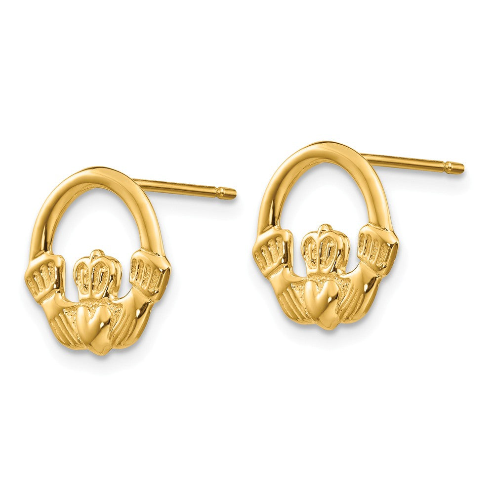 Alternate view of the 12mm Claddagh Post Earrings in 14k Yellow Gold by The Black Bow Jewelry Co.