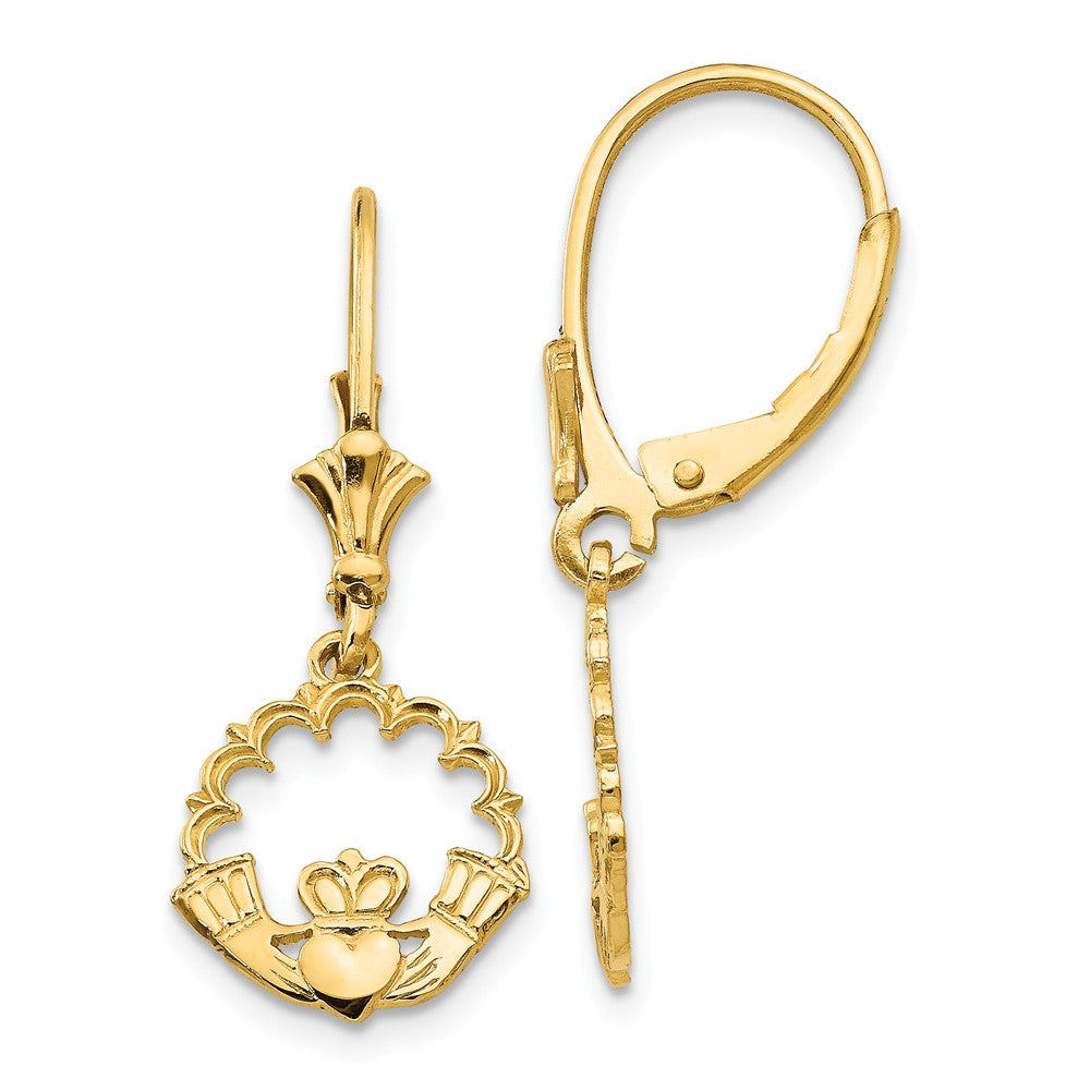 10mm Scalloped Claddagh Lever Back Earrings in 14k Yellow Gold, Item E10671 by The Black Bow Jewelry Co.