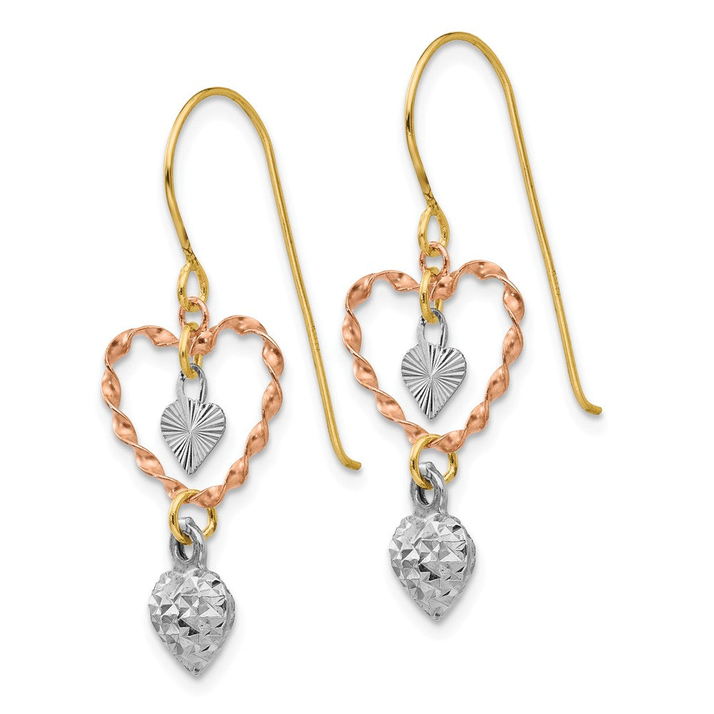 Alternate view of the Tri-Color Triple Heart Dangle Earrings in 14k Gold by The Black Bow Jewelry Co.