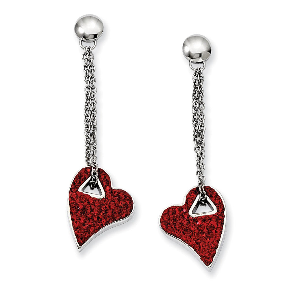 Red Crystal Heart Post Dangle Earrings in Stainless Steel, Item E10688 by The Black Bow Jewelry Co.