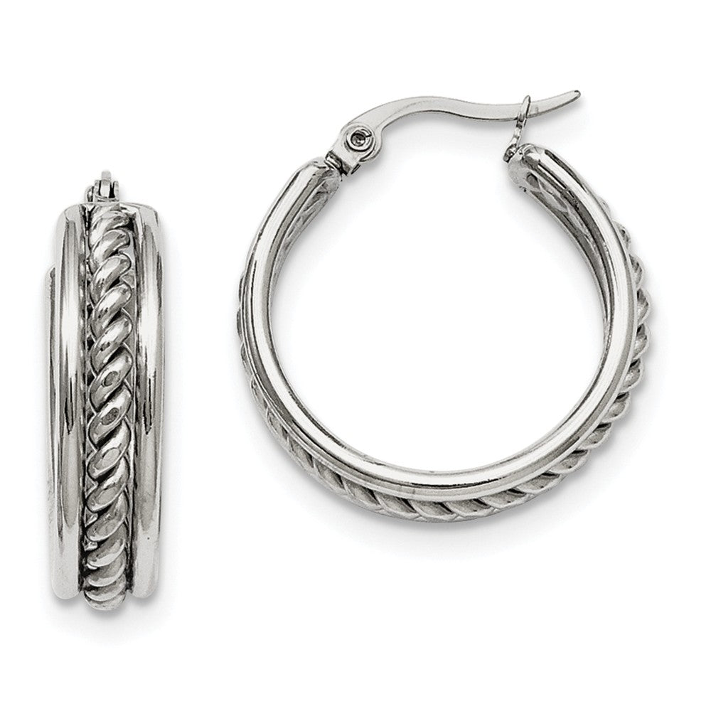 20mm Twisted Middle Round Hoop Earrings in Stainless Steel, Item E10705 by The Black Bow Jewelry Co.