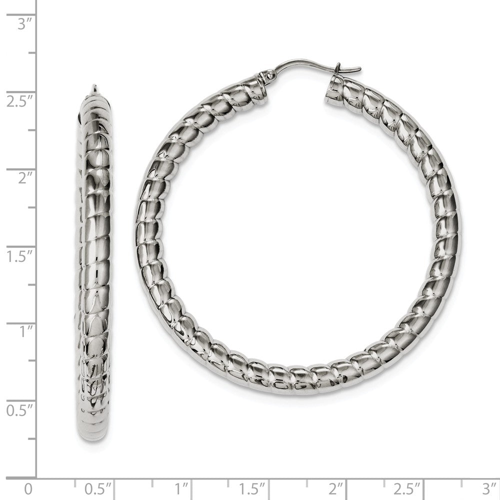 Alternate view of the 4mm Textured Round Hoop Earrings in Stainless Steel, 45mm (1 3/4 Inch) by The Black Bow Jewelry Co.