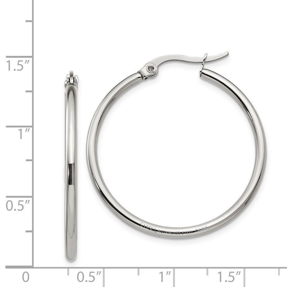 Alternate view of the 2mm Stainless Steel Classic Round Hoop Earrings - 32.5mm (1 1/4 Inch) by The Black Bow Jewelry Co.