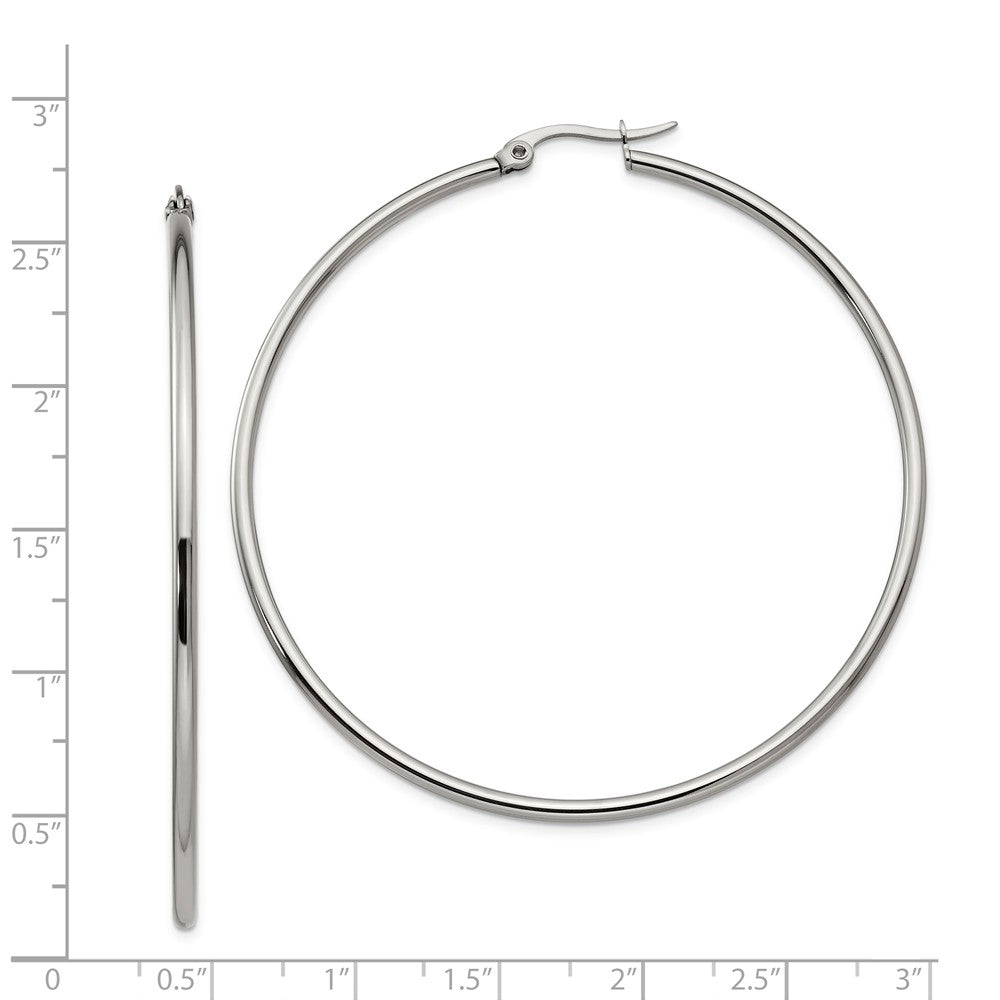 Alternate view of the 2mm Stainless Steel Classic Round Hoop Earrings - 60mm (2 3/8 Inch) by The Black Bow Jewelry Co.