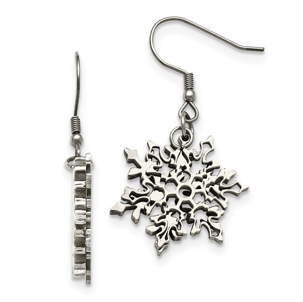 22mm Polished Snowflake Dangle Earrings in Stainless Steel, Item E10731 by The Black Bow Jewelry Co.