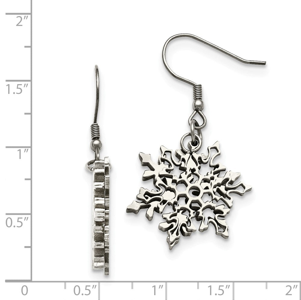 Alternate view of the 22mm Polished Snowflake Dangle Earrings in Stainless Steel by The Black Bow Jewelry Co.