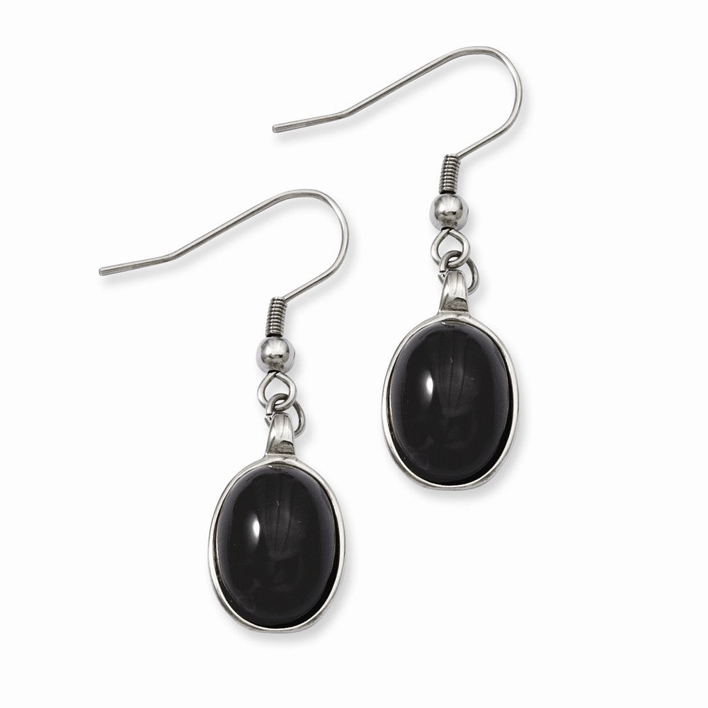 Black Agate Oval Cabochon Dangle Earrings in Stainless Steel, Item E10734 by The Black Bow Jewelry Co.