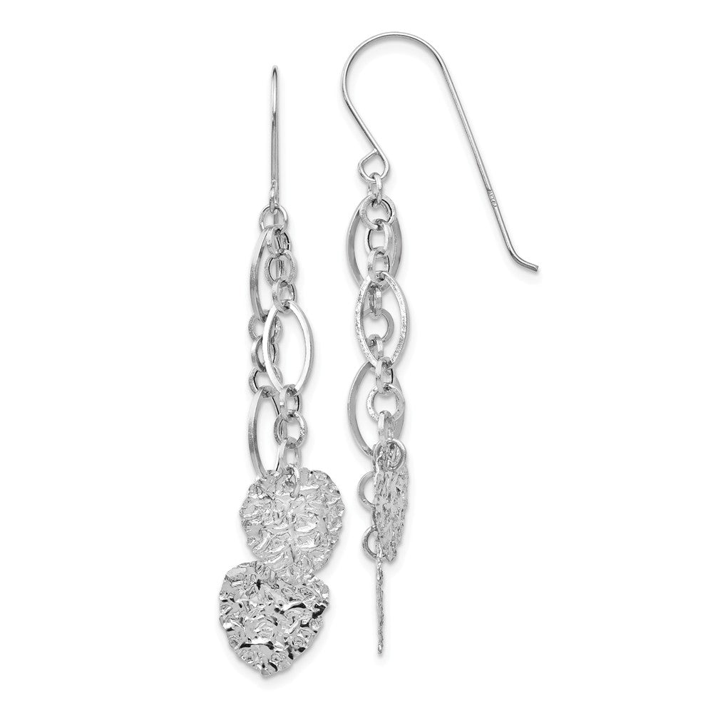 Double Hammered Heart and Chain Dangle Earrings in 14k White Gold, Item E10756 by The Black Bow Jewelry Co.