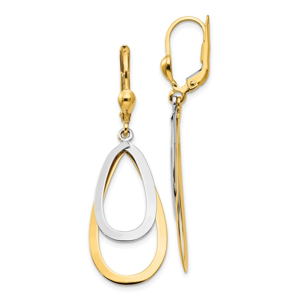 Double Teardrop Lever Back Earrings in 14k Yellow and White Gold, Item E10760 by The Black Bow Jewelry Co.