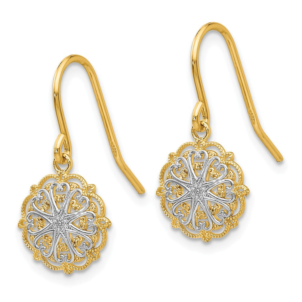 Alternate view of the 9mm Textured Dangle Earrings in 14k Yellow Gold and White Rhodium by The Black Bow Jewelry Co.