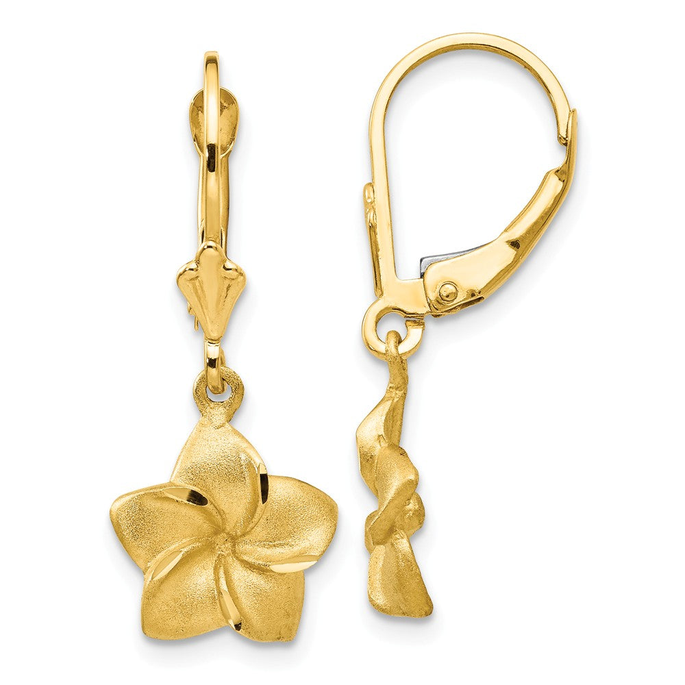 11mm Satin and Diamond Cut Plumeria Dangle Earrings in 14k Yellow Gold, Item E10781 by The Black Bow Jewelry Co.